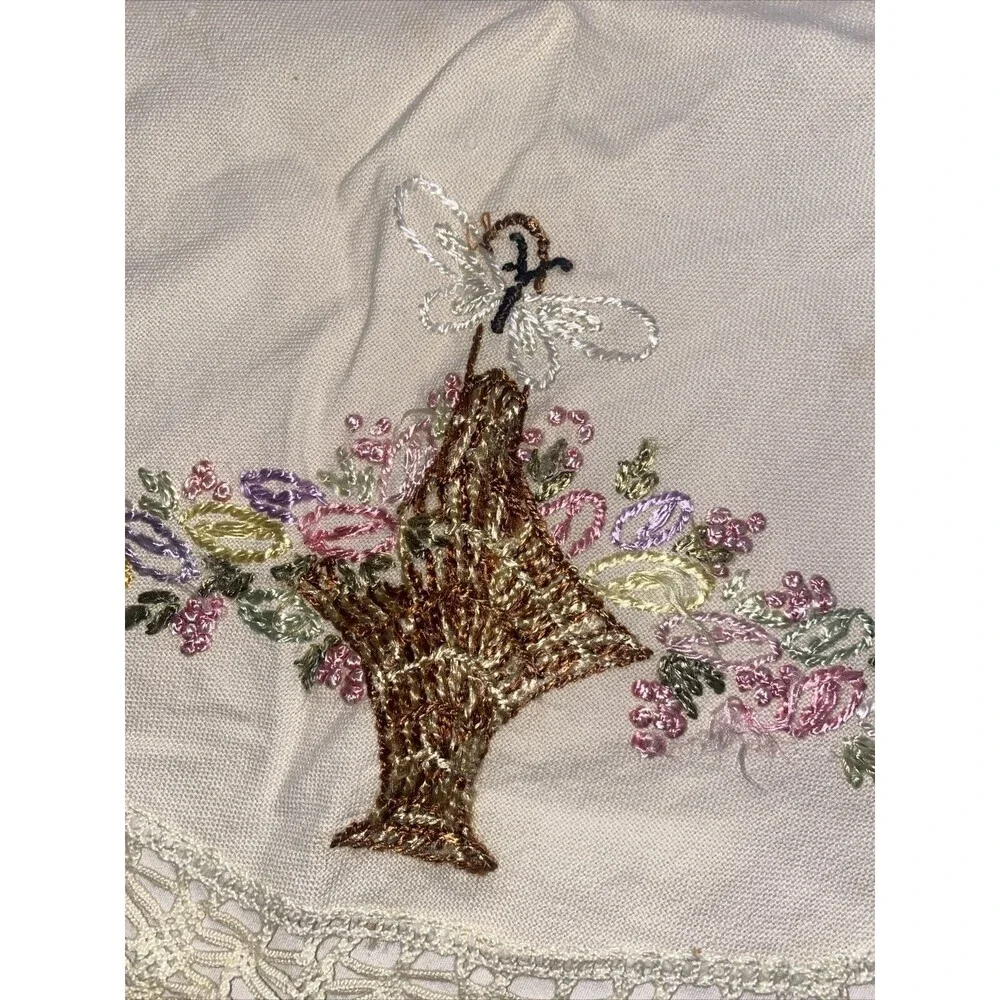 Doilie easter crochet Hand Embroidered Lace Floral Basket 25”Vintage Table